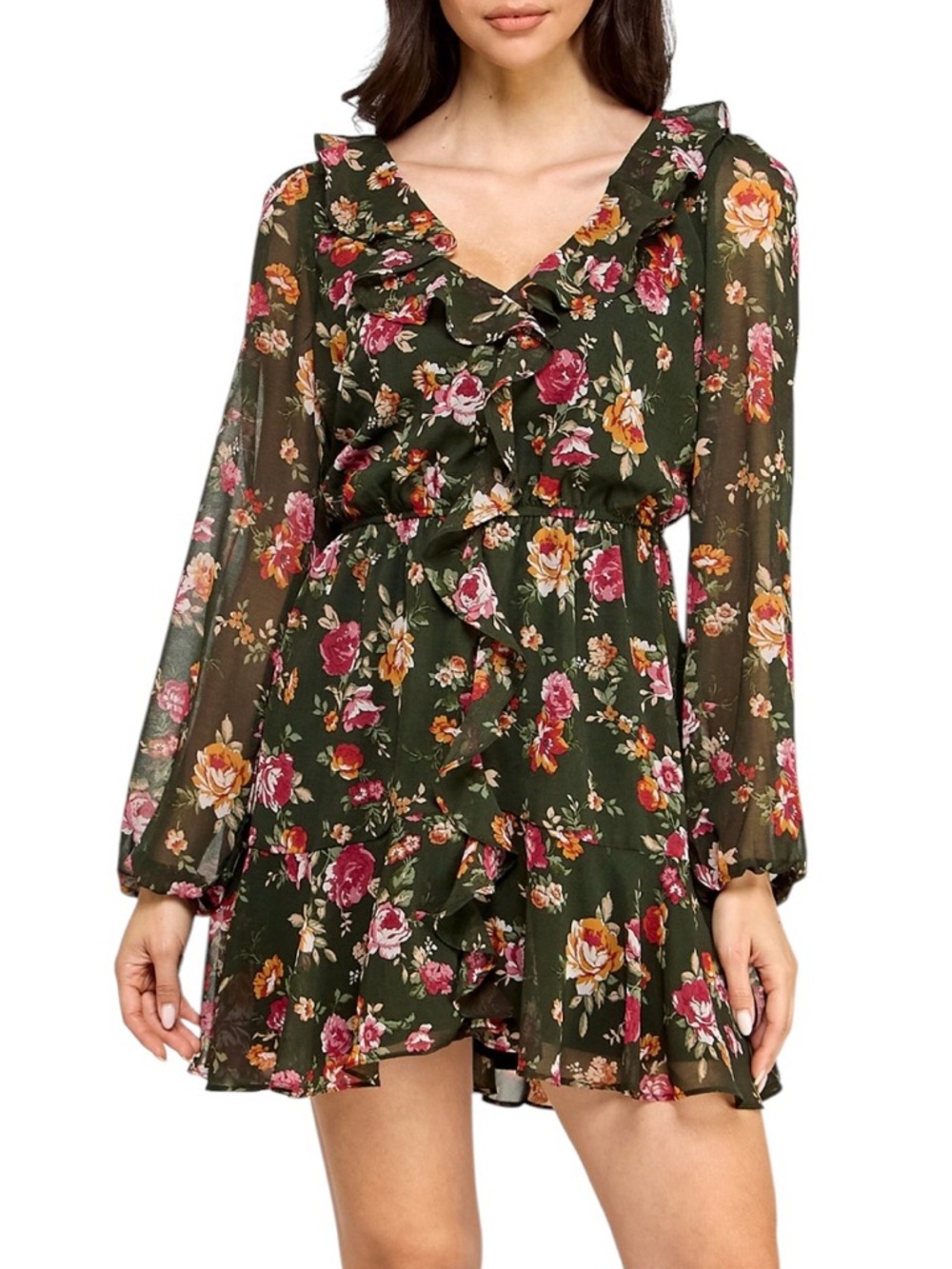 Trixxi Juniors Floral Long Sleeve Ruffle Dress V-Neck Dark Bloom Chiffon Mini S